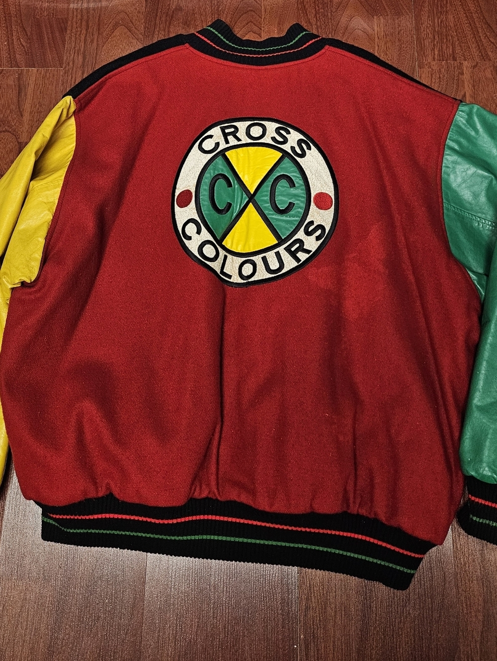Cross Colours Colorblock Varsity Jacket - Red, Yellow, Green